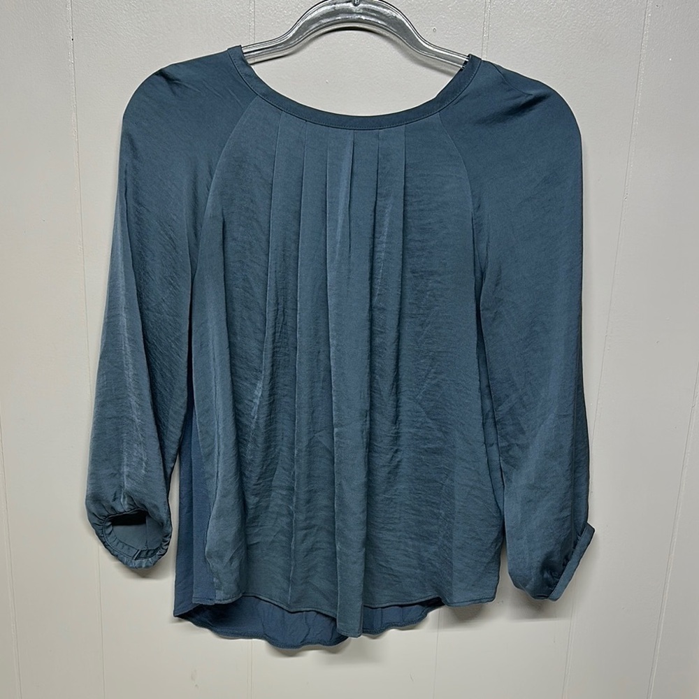 LOFT Blue Cuffed Sleeve Pleated Blouse